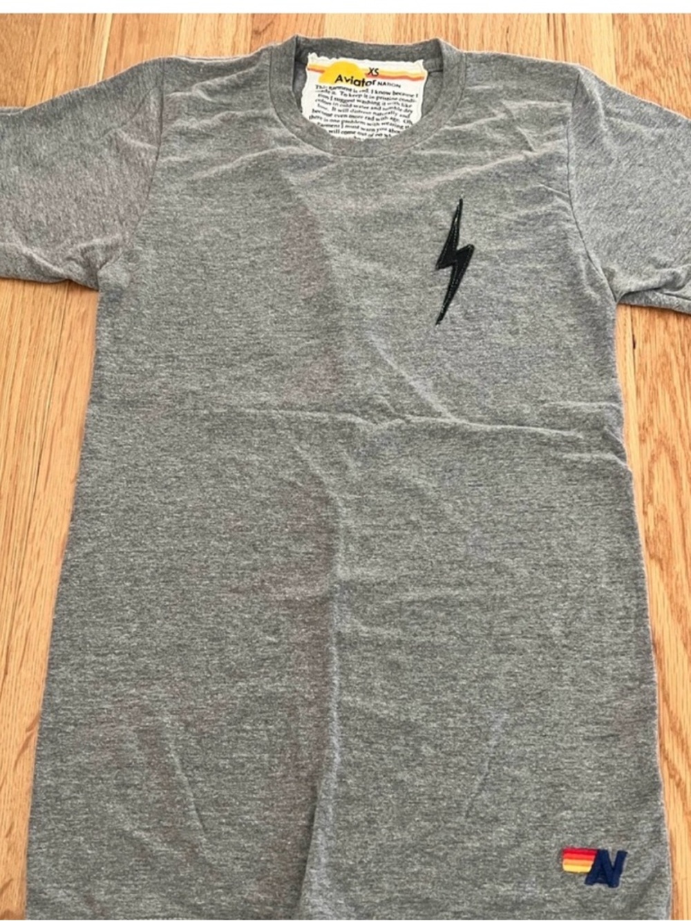 Aviator Nation Gray Short Sleeve Tee with Lightning Bolt & Rainbow N Patch